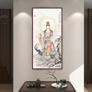 网红观世音菩萨画像佛堂装饰壁画南海观音站像家用供奉国画保平安
