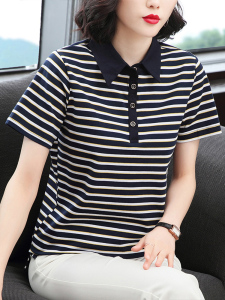 安踏联名妈妈纯棉短袖t恤女士宽松夏装透气翻领大码条纹休闲上衣