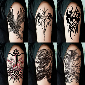 纹身贴男防水持久花臂半臂图腾女手臂龙狼虎鹰高级感遮盖疤痕贴画