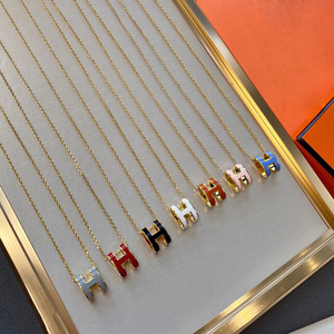 hermes爱马仕项链女18k玫瑰金h字母pop珐琅吊坠情侣锁骨链椭圆形