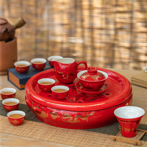 2024龙年礼品黄金龙工夫茶具套装红色龙凤骨瓷茶盘泡茶杯陶瓷盖碗
