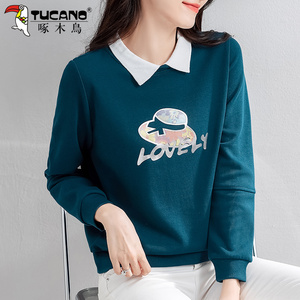 啄木鸟秋季假两件卫衣女款娃娃领年轻妈妈外套春秋薄款女士短上衣