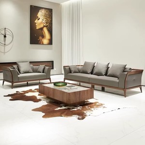 新中式北美黑胡桃木沙发 意式轻奢极简高级灰真皮123组合实木家具