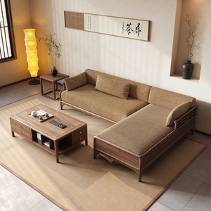 新中式北美黑胡桃木布艺转角沙发 禅意L型贵妃中小户型办公室家具