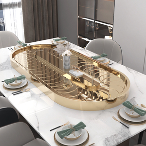 长方形餐桌电动传菜转盘家用长条桌椭圆形不锈钢传送带旋转桌转盘