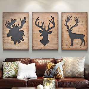 美式乡村客厅沙发背景墙装饰画复古组合三联麋鹿雕刻木板画壁挂