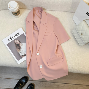淡粉色薄款短袖西装外套女2024夏季新款温柔系高级感炸街休闲上衣
