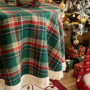 热卖圣诞格子圆形流苏桌布经典红绿格美式复古轻奢派对装饰餐桌布