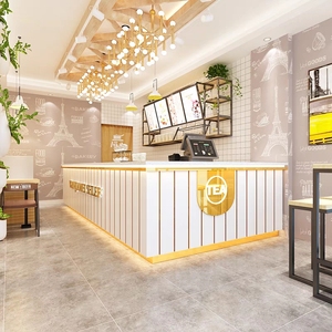 现代奶茶吧台小吃店甜品蛋糕餐收银台大理石台面定制圆弧转角吧台
