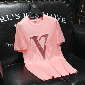 lv lywd欧货双丝光棉2022年夏季新款刺绣圆领男士短袖t恤上衣男