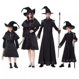 万圣节亲子女巫法师cos儿童巫婆成人驱魔法帽巫师长裙帽黑色服装