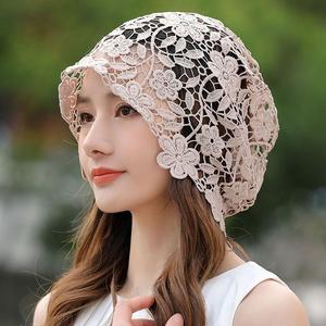 帽子女士春夏季薄款透气包头帽遮白发蕾丝头巾帽花朵洋气堆堆帽子