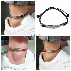 脚链男红绳黑绳男生潮红脚绳男时尚手工编织简约个性羽毛_碧笛清