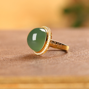 和田玉老料碧玉粉青戒指18k金玉石包边指环金镶玉戒指女私人订制