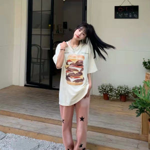 快手网红哦三妹同款多层汉堡包印花纯棉t恤女ins潮流图案复古上衣
