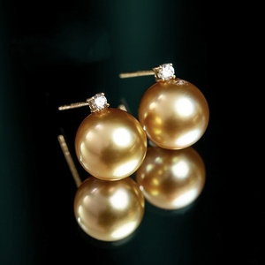 南洋金珠耳钉 天然锆石 王妃款经典款18k金浓金色珍珠耳环耳饰