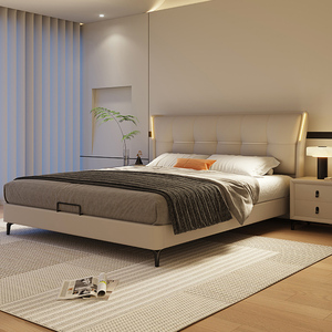 现代高端真皮床意式轻奢简约主卧室婚床双人软包2米2.2米皮艺大床