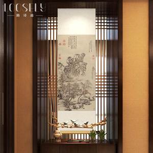 新中式丝绸卷轴挂画玄关竖版茶室山水字画客厅餐厅背景墙装饰壁画