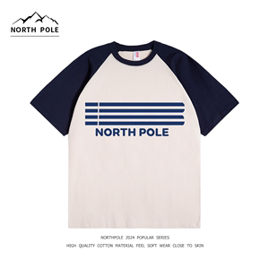 North Pole美式复古字母插肩圆领短袖男女拼接撞色简约风夏季T恤
