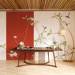 新中式花鸟墙纸墙布客厅沙发书房茶室饭店包间中国风装修背景壁纸