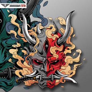 武士车贴日系般若鬼武者面具车身划痕贴纸电动摩托车后窗贴装饰贴