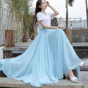 纯色浅蓝色雪纺长裙大摆裙半身裙720度双层度假仙女裙仙气舞蹈裙
