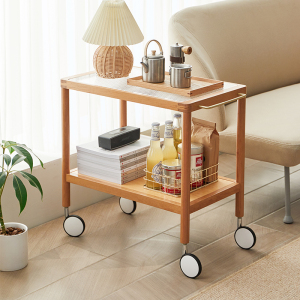 北欧风客厅沙发边几樱桃木小茶几带轮子可移动方几实木小桌子角几