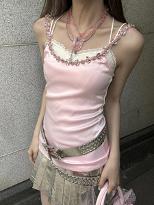 FENNISTUDIO千禧 原创时髦小众设计粉色少女心镶嵌宝石吊带上衣女