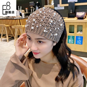 手工针织珍珠发带女冬保暖护脑门毛线帽宽时尚遮白发头饰发箍头套