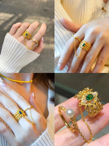 古法花丝金色戒指女双戒镶嵌绿宝珍珠镂空蕾丝链条宫廷二合一套戒