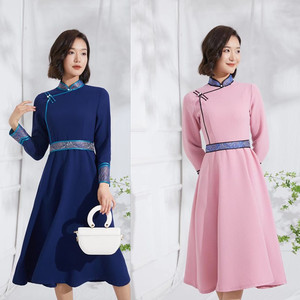 蒙古元素改良盘扣高端旗袍民族风中长款连衣裙子斜襟日常蒙古袍女