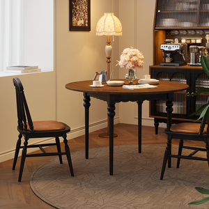 法式复古圆形折叠实木餐桌可变圆桌美式客厅原木小户型餐桌椅组合