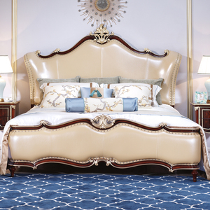 理季家具 奢华酒红描金实木雕花真皮别墅1.8米结婚公主双人大床