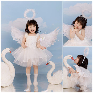 儿童摄影服装女童拍照公主裙白色纱裙天使翅膀天鹅道具影楼艺术照