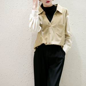灯芯绒假两件衬衫设计感小众2021年秋冬新款百搭内搭叠穿女士衬衣