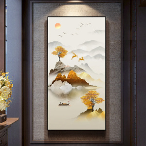 新中式山水风景竖版入户玄关装饰挂画走廊过道背景墙进门玄幻壁画