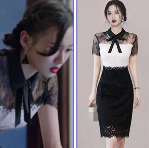 暖爱霍栀同款衣服韩版夏女时尚性感蕾丝短袖修身撞色职业包臀裙潮