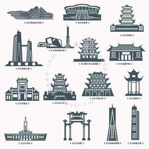 长沙城市地标建筑 花明楼天心阁火宫殿岳麓书院 ai格式矢量素材