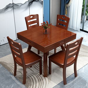 实木折叠餐桌现代简约家用小户型两用正方形可变圆桌新中式八仙桌