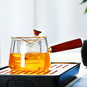 厂家现货高硼硅玻璃煮茶壶耐高温蒸茶壶侧木把带茶漏茶具玻璃茶壶