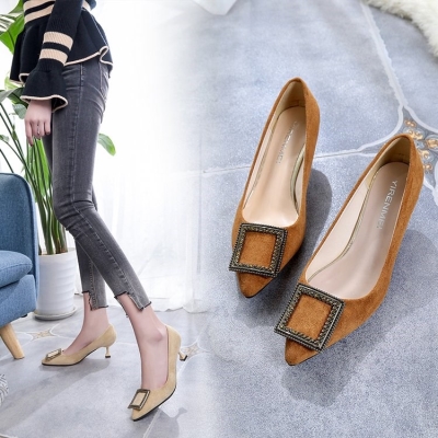 三公分高跟鞋女细跟3cm猫跟方扣磨砂单鞋工作t职场单根大学生尖