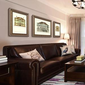 美式客厅装饰画沙发背景墙城堡建筑画三联画乡村复古壁画抽象墙画