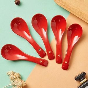 陶瓷勺子家用汤勺调羹汤匙简约纯色红色喜庆餐具釉下彩三弯勺