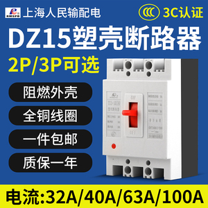 DZ15空气开关100A塑壳断路器开关220V2P32a3P63A三相380V人民电气