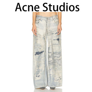 Acne Studios涂鸦拼色腰间绑带棉质帆布喇叭错视效果阔腿牛仔裤女