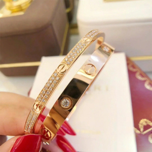 cartier/卡地亚18k玫瑰金窄版满钻love系列镶钻手镯情侣款女二手