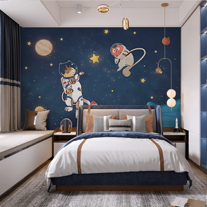 太空宇航员墙纸卡通儿童房壁纸男孩房间墙布星空全屋无缝定制壁画