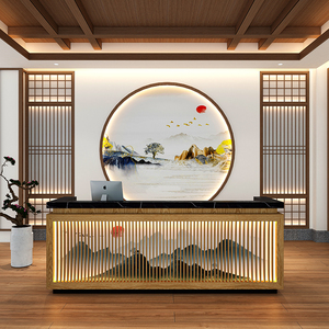 新中式公司前台会所足浴按摩店接待台养生馆茶叶店复古吧台收银台