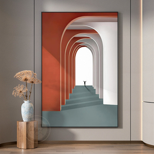 走廊过道红白空间延伸图案客厅装饰画背景墙玄关壁画现代竖版挂画