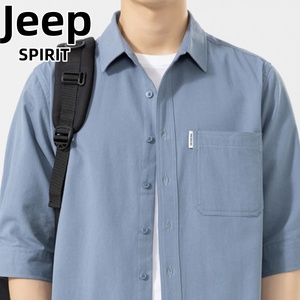 jeep吉普七分袖衬衫男士夏季薄款透气宽松纯棉衬衣百搭休闲打底衫